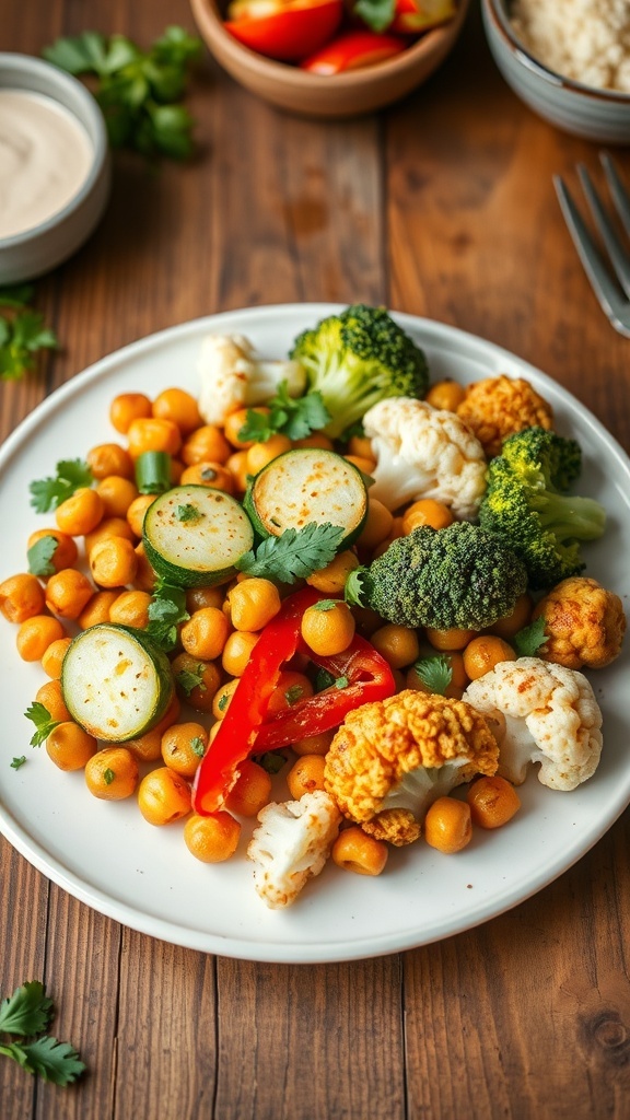 Quick and Easy Vegetarian Air Fryer Meals A plate of crispy air-fried chickpeas and vegetables, garnished with herbs, on a rustic table.